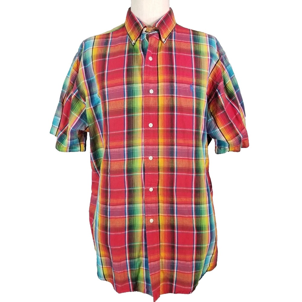Ralph Lauren shirt men's XL extra large red plaid short sleeve Linen blend retro